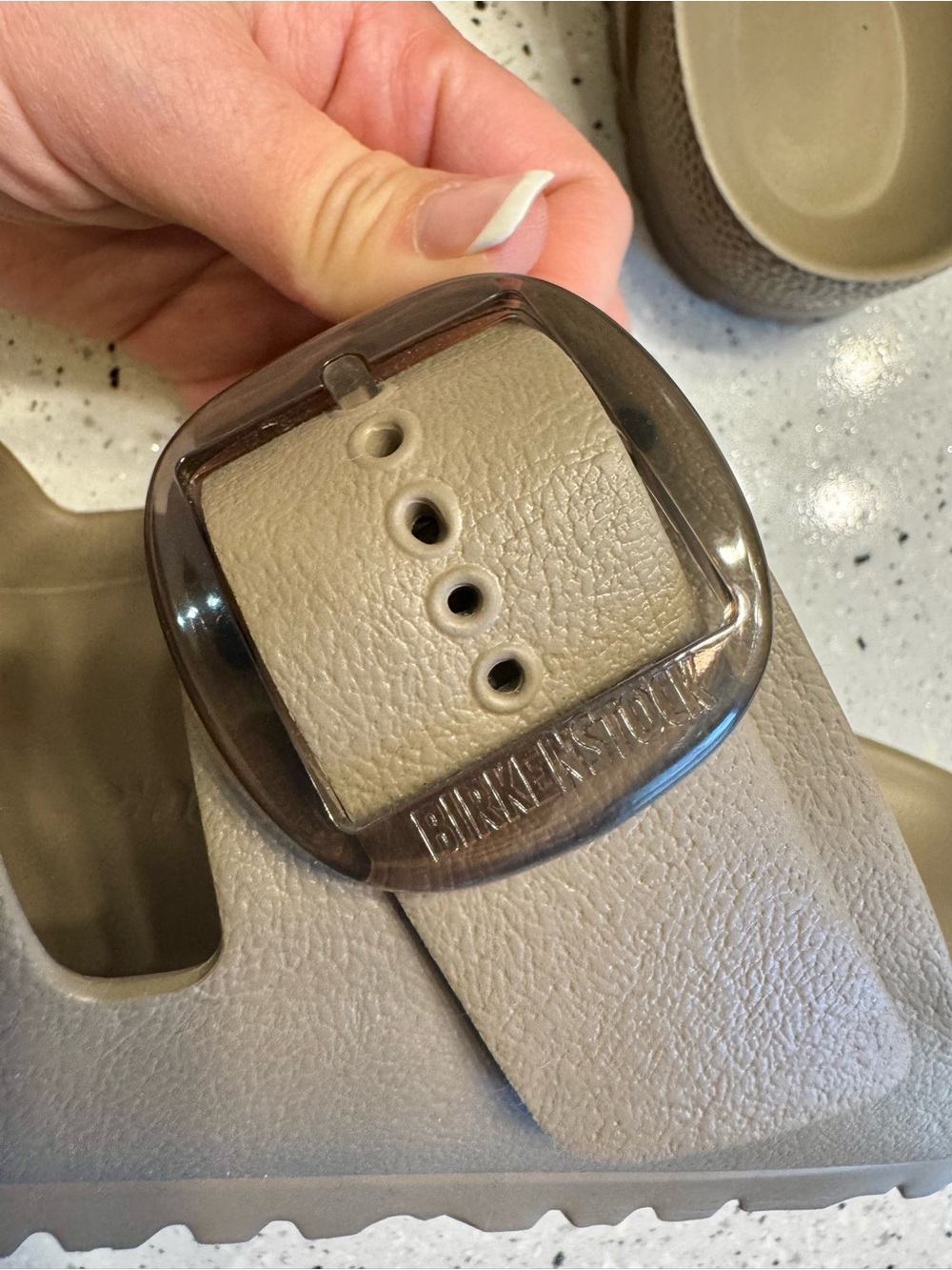 Birkenstock EVA 2-Strap Slide Sandals in Taupe Brown with Big Buckles - Picture 5 of 9